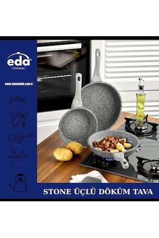 Eda Stone Gri Granit Döküm 3'lü Tava Seti 20-24-28 Cm Zk-921