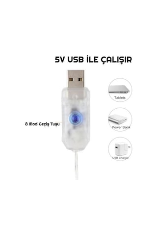 Usb Peri Led Perde Süsleme Ledi 3x2 Mt 10 Kollu Günışığı 3500k Çok Renkli