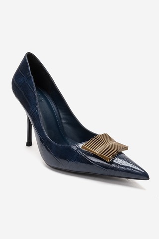 Luvishoes Dexen Lacivert Baskı Metal Tokalı Kadın İnce Topuklu Ayakkabı
