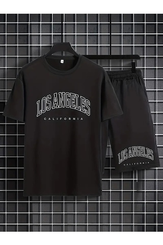 Startmore Erkek Beyaz''los Angeles Baskılı'' Basic Oversize T-shirt- Şort Takım Strup0000000000015 Siyah