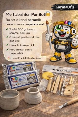 Beyaz Seramik Hamuru Seti 500 Gr X2 + 8 Parça Şekillendirme Aletleri Air Dry Kil Seti Krem