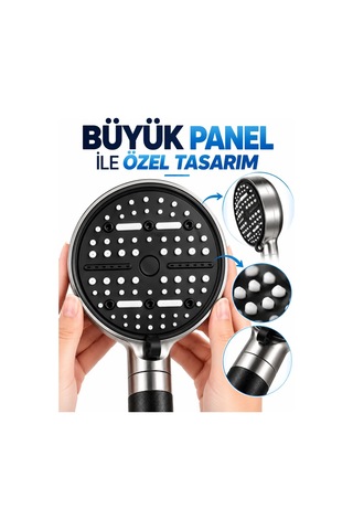 Büyük Panelli 6 Farklı Su Modlu Filtreli Duş Başlığı Siyah Metalik Tasarım Diğer