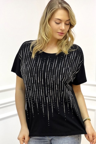 Rich Glam Bol Kesim Bisiklet Yaka Büyük Beden Crystal Taşlı Kadın T-shirt Siyah