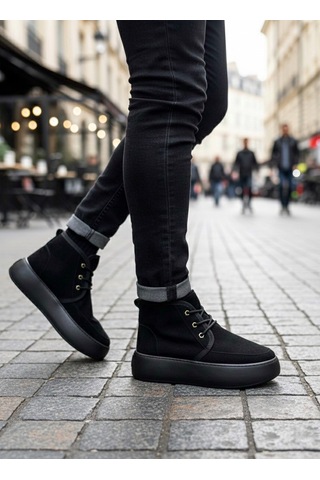 Ba0550 İçi Kürklü Bağcıklı Siyah Taban Erkek Tarz Spor Bot Siyah