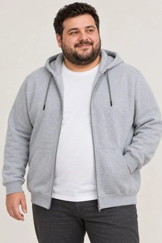 Zennamoda Erkek Battal Büyük Beden Üç İplik İçi Şardonlu Kapüşonlu Tam Fermuarlı Kışlık Sweatshirt - Gri