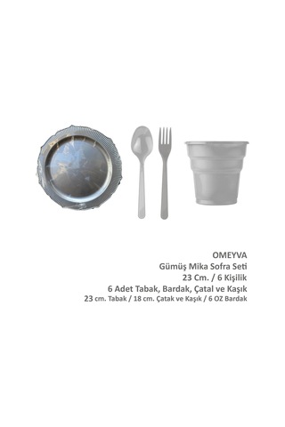 Omeyva 23 Cm. Plastik Mika Gümüş Sorfa Piknik Seti - 6 Kişilik Tabak Bardak Çatal Kaşık Takımı Gri