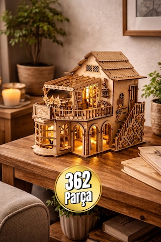 Işıklı Detaylı Kahve Dükkanı Diorama Maketi Ahşap Hobi Seti