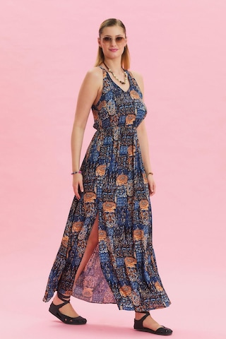 V Yaka Yırtmaçlı Günlük Elbise Mavi