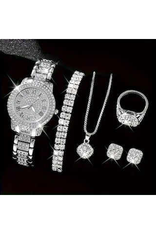 Elegant Saat İle Kolye+küpe+yüzük+bileklik 6 Parça Takı Seti