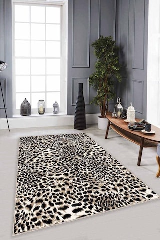 Bej Leopar Kaymaz Tabanlı Makinede Yıkanabilir Halı Rv367n11
