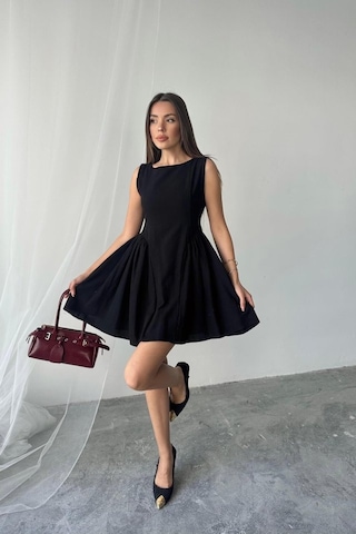 Dogutrend Siyah Mini Boy Büzgülü Keten Elbise