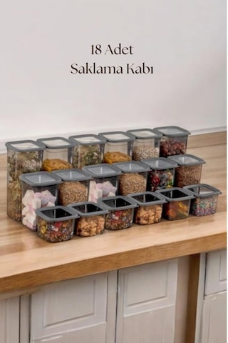 18'li 3 Boy Kavanoz Seti & Saklama Kabı & Erzak Kabı 6x650/1300/1900 Ml 40 Lı Etiket Hediyeli Antrasit