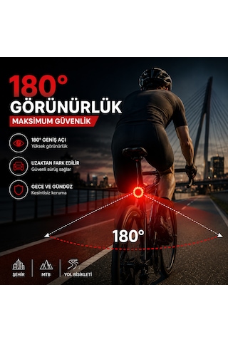 Kenly Akıllı Bisiklet Arka Stop Lambası Fren Sensörlü Type-c Şarjlı Ipx6 Su Geçirmez Led Arka Işık Siyah