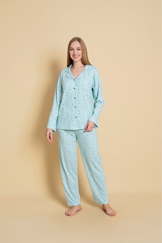 Kadın Boydan Düğmeli Küçük Yıldız Detaylı Pijama Takım A.mavi