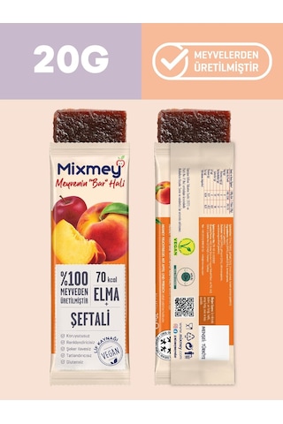 Mixmey Şeftali Meyve Barı 12 Adet | Atıştırmalıklar – Vegan, Glutensiz, Koruyucusuz 20gr X 12 Adet
