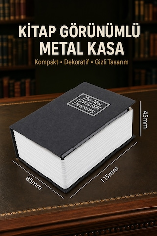 Kitap Görünümlü Metal Kasa Kumbara Gizli Para Biriktirme Ve Değerli Eşya Saklama Kutusu 180x115x55mm