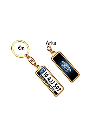 Kişiye Özel Plaka Metal Anahtarlık Ford Metalik Logo Altın