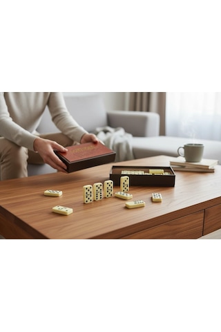 Lüks Deri Kutulu Premium Domino Seti 28 Parça Spinner Lı Çift 6 Taş 2-4 Oyuncu Yeni Yıl Hediyesi