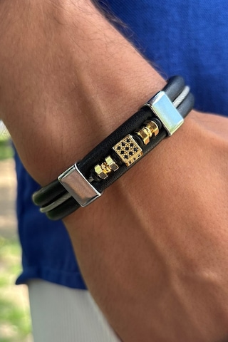 Zirkon Taşlı El İşçiliği İle Üretilmiş Hakiki Deri Erkek Bileklik Siyah - Altın