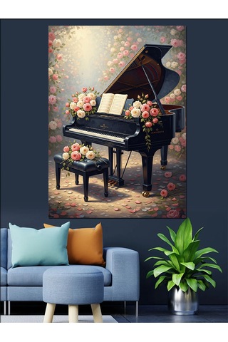 Ahşap Tablo Piyano Ve Çiçekler Müzik Teması
