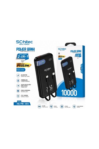 Schitec Hg/pb-101 10000mah 22.5w Hızlı Şarjlı Powerbank Type-c / Lightning Kablo Dijital Göstergeli Siyah
