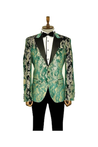 Wessi Dik Yaka Slim Fit Altın Desenli Yeşil Balo Ceket - Wessi Yeşil