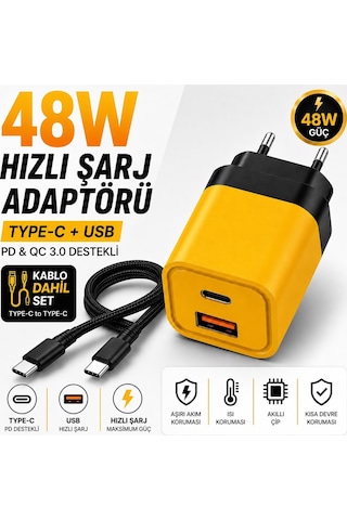 48W Hızlı Şarj Adaptörü + Type-c To Type-c Kablo Seti Pd & Qc 3.0 Destekli Usb + Type-c Çift Giriş Akıllı Koruma Hızlı Şarj Aleti Sarı