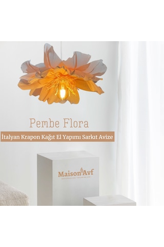 İtalyan Krapon Kağıt Pembe Flora El Yapımı Sarkıt Avize Pembe