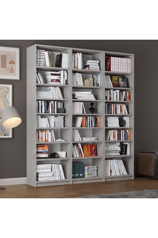 Asra Trend K-26 %100 MDF 180 cm 3 Modüllü Kitaplık 21 Raflı Dev Kütüphane Retro Taş