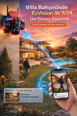 Esvision Es-705 4k 4 Lensli Akıllı Güvenlik Kamerası Hieasy Wifi Gece Görüş Sesli Kişi Takibi