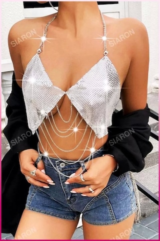 Najmaddin.com Beru Kadın Gümüş Düz Zincir Detaylı Askılı Crop Bluz Metal Dokulu Şık Parti Festival Club Konser Üstü Standart