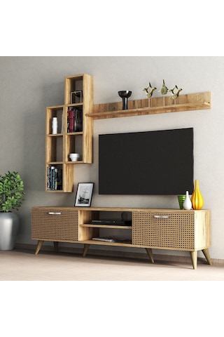 Mega 180 lik Kitaplıklı Raflı Tv Ünitesi Çam Hazeran Kapaklı - TV