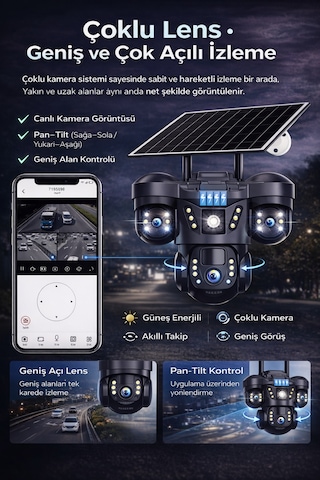 Rxg 3 Kameralı Solar Güvenlik Kamerası 4g Sim Kartlı Ptz Hareketli Gece Görüşlü Güneş Panelli Kamera