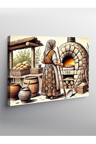 Kanvas Tablo Odun Fırınında Ekmek Yapan Kadın