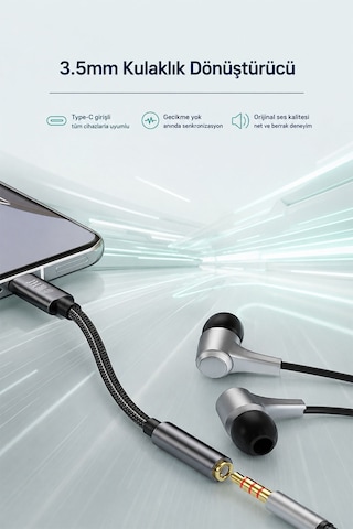 Type-c - 3.5mm Kulaklık Dönüştürücü, Dijital Dac Çipli Hi-res Ses Adaptörü, Telefon Tablet Bilgisayar Uyumlu, Metal Gövde, Naylon Örgülü, Parazit Önleyici A551