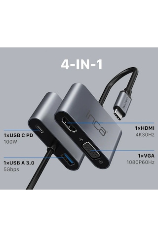 Inca Itpc-06t 15cm Tip-c Hdmı+vga+usb Hub