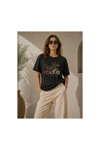 Butik İstanbul Motosiklet Baskılı Tişört Bisiklet Yaka Kısa Kol Yazlık T-shirt - Siyah