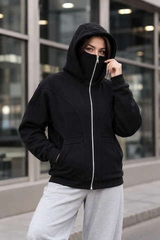 Novalisse Kadın Maskeli Ninja Model Çift Kapüşonlu 3 İplik Şardonlu Fermuarlı Oversize Sweatshirt - Siyah Çoklu Renk