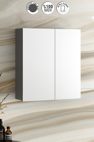 Çiğdem 55 Cm Antrasit Gri Mat Mdf Aynalı Asma Banyo Üst Dolabı Antrasit - Gri