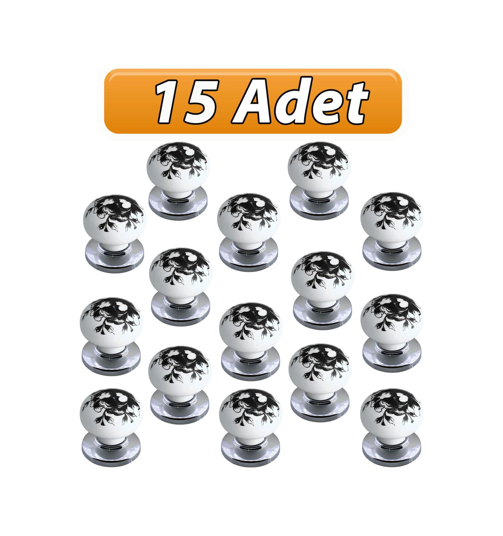 15 Adet Siyah Gül Desenli Beyaz Polimer Düğme Kulp Krom Tablalı Mobilya Mutfak Dolabı Çekmece Kulbu Kulpları