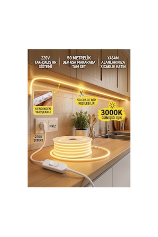 50 Metre 3000k Günışığı 220v Neon Led Şerit ,tak Çalıştır Set, Fişli Anahtarlı Esnek Şerit Led, ,turuncu Led,mutfak,tezgah Ledi,led Şerit Işık ,ambiyans Işık Havuzu, Kendinden Yapışkanlı,günışığı Led