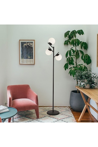 Renji 3Lü Siyah Boyalı Beyaz Camlı Modern Tasarım Metal Lambader