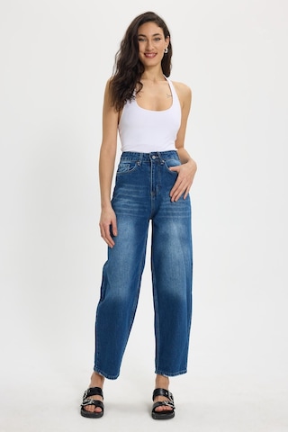 Tudors Kadın Relax Fit Rahat Kesim %100 Pamuk Cepli Geniş Paça Lacivert Jean Kot Pantolon-50730