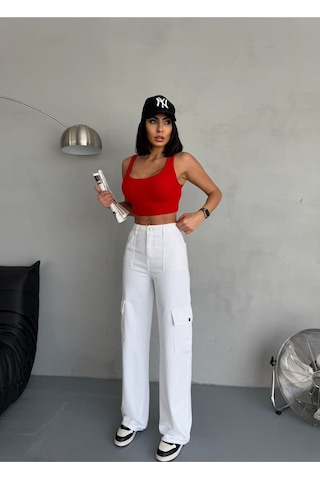 Gabardin Pantolon Wide-leg Fit Yüksek Bel Kargo Cepli Beyaz