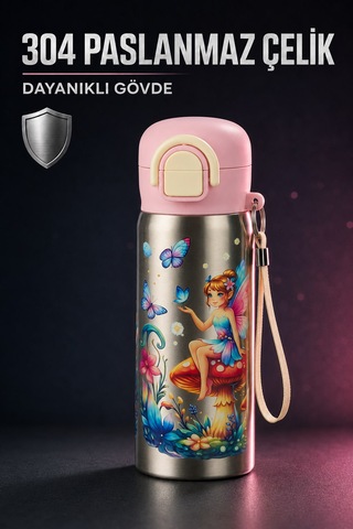 Siply Desenli Paslanmaz Çelik Okul Matarası 600ml Pembe Toz pembe