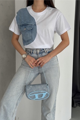 Femelle Kadın Beyaz Denim Kot Detaylı Cepli Tasarım Pamuklu Tişört