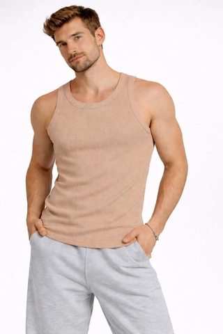 Barlashive Erkek Fitilli Atlet Sıfır Yaka Slim Fit Arka Baskılı Spor Atlet - Bej Çok Renkli