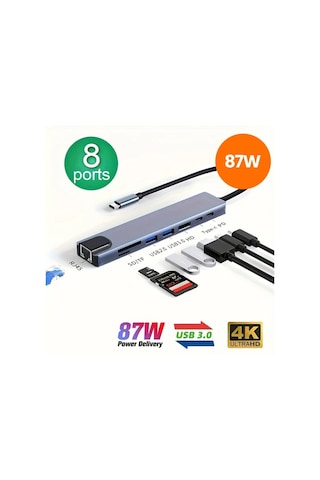 Boatshop1 8'li 1 Arada Hub Usb C Hub 87w Güç Dağıtımı Ethernet Usb 30 Sd Tf Kart Okuyucu 4k Ultra Hd Fare Klavye Yazıcı Bağlantı