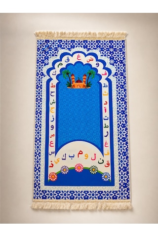 Çocuk Seccadesi 97x45 Cm Arapça Alfabeli Püsküllü Namaz Seccadesi Mavi