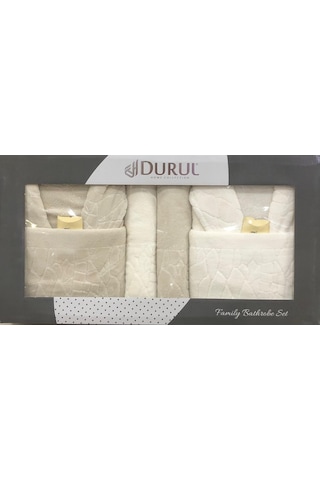 Durul Antik Kısmi Kadife Pamuklu 8 Parça Aile Bornoz Seti Bej
